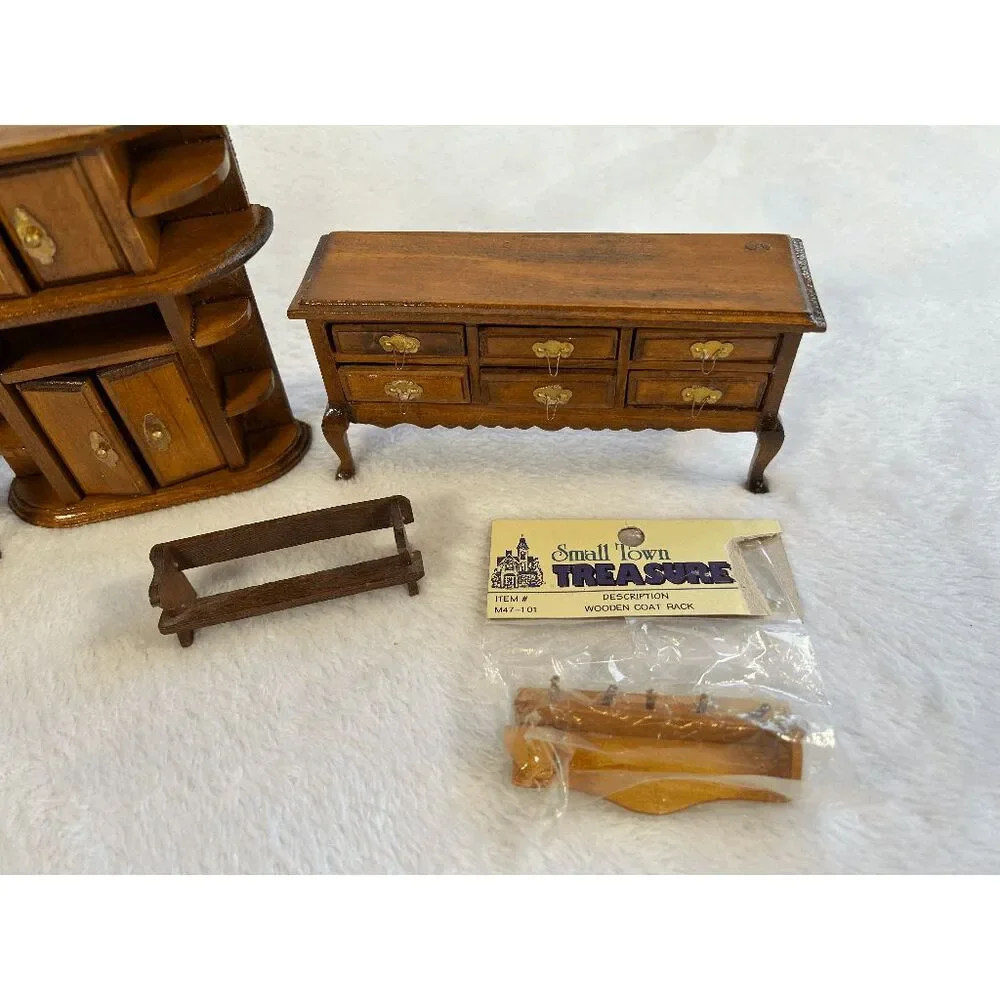 Miniature Doll House Furniture Lot, Wooden Pieces, Cloth Chairs, Vintage